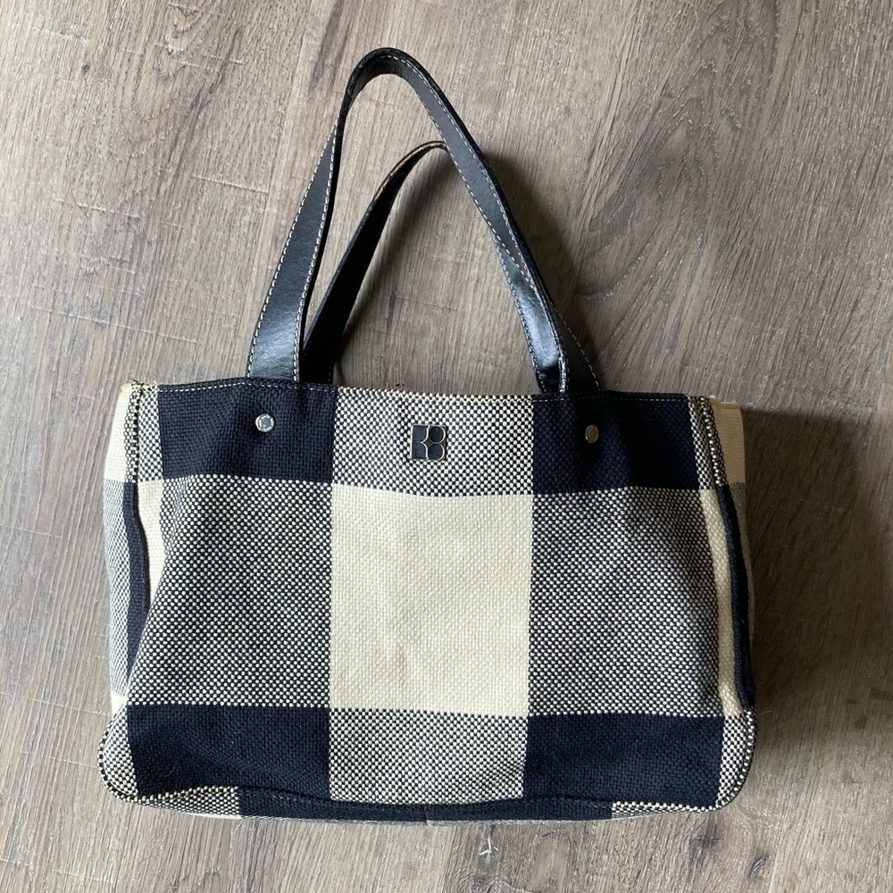 Vintage Kate Spade Black & Off White Gingham Plaid Tote Purse, Green Lining